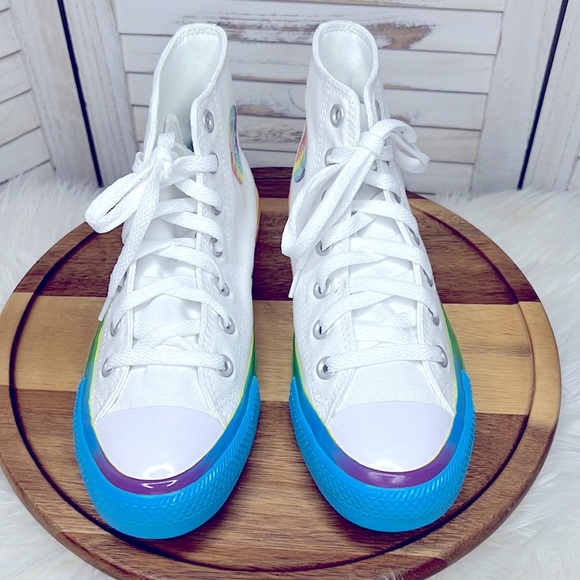 CONVERSE l Chuck Taylor All Star Hi Smiley White Rainbow Color High Tops 7.5 - Picture 6 of 9